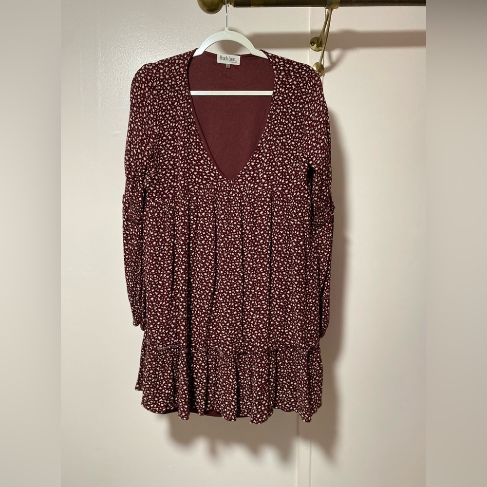 Peach Love Floral V-Neck Dress in Burgundy